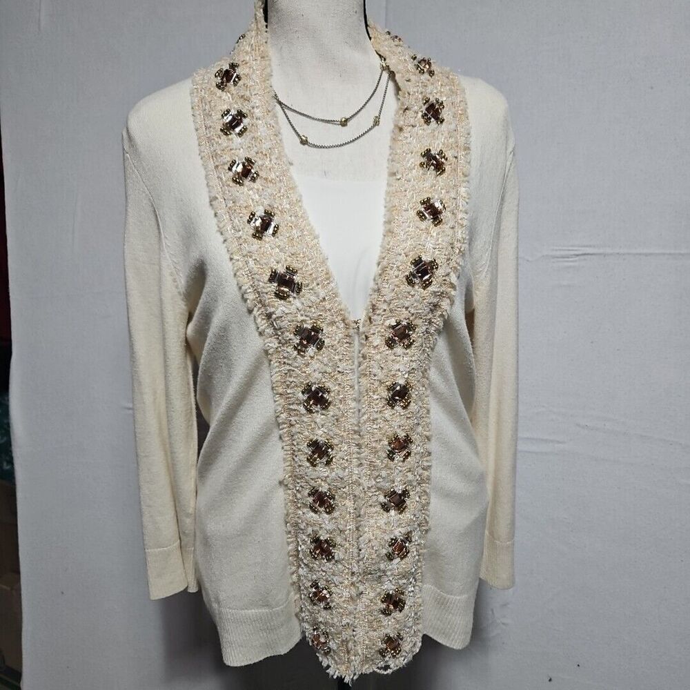 Boston Proper Cream Knit Embellished Cardigan With Beads, Size Med Eclectic Glam